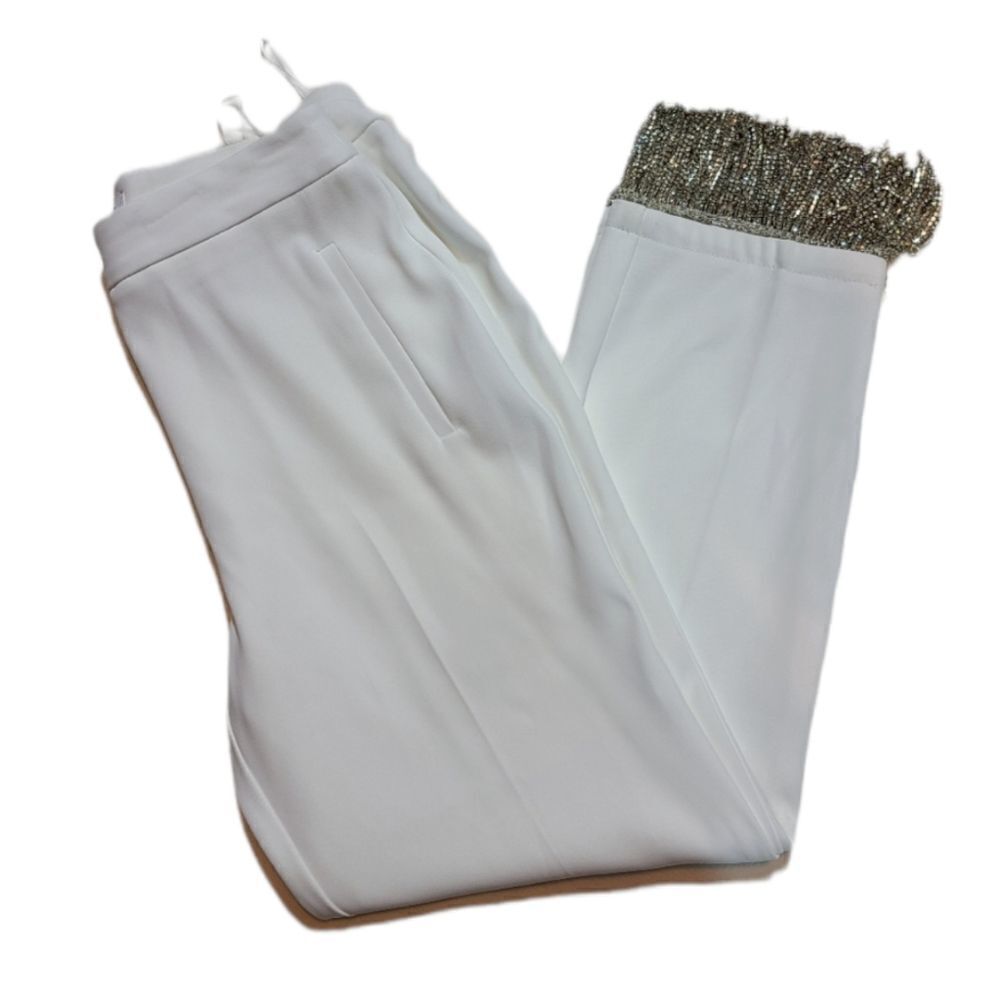 Top Shop‎ White Rhinestone Fringe Trousers Size US 4